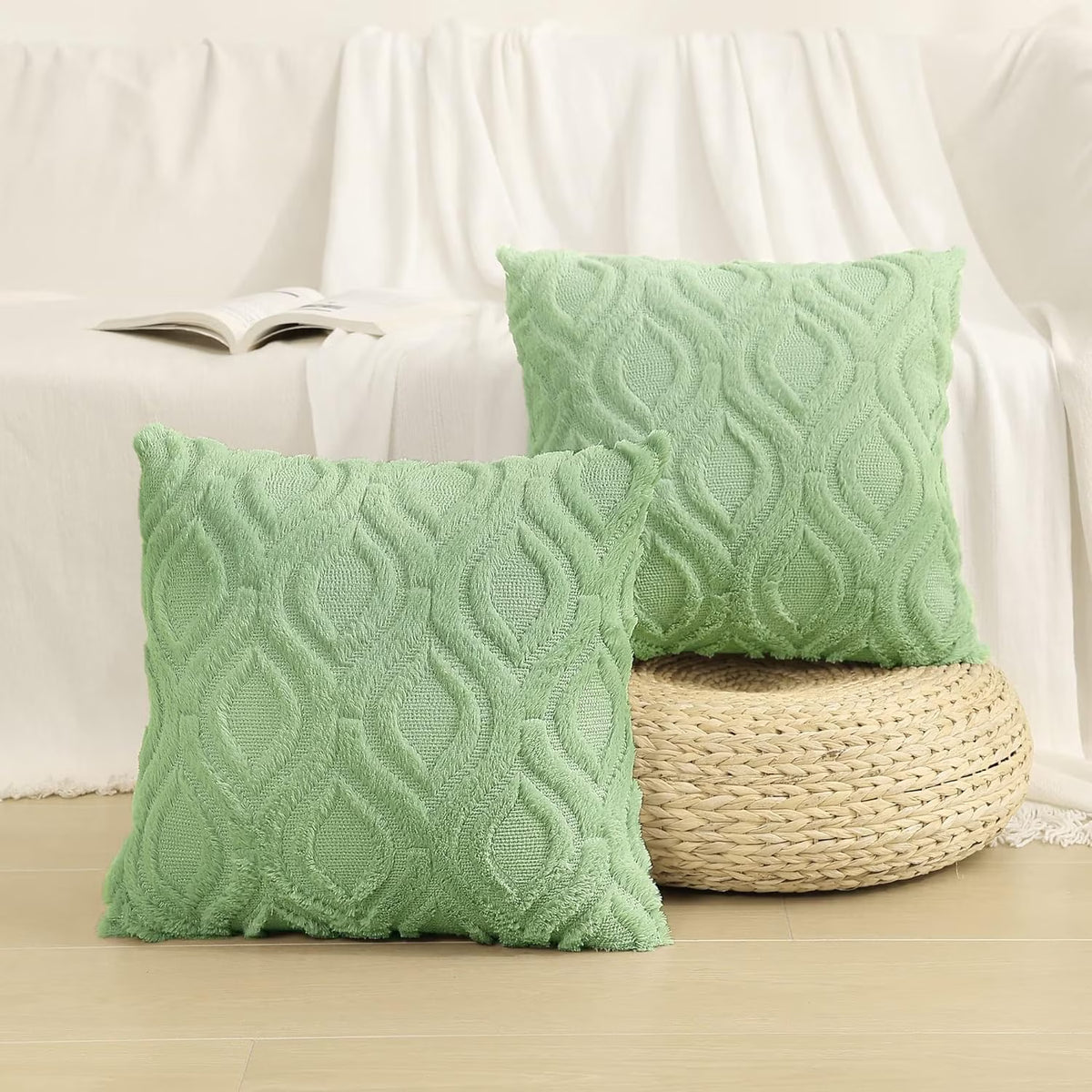 Pack of 2 Throw Pillow Covers 24X24, Soft Plush Faux Wool Couch Pillow Covers, Sage Green (Pillow Cover Only, No Inserts Included)
