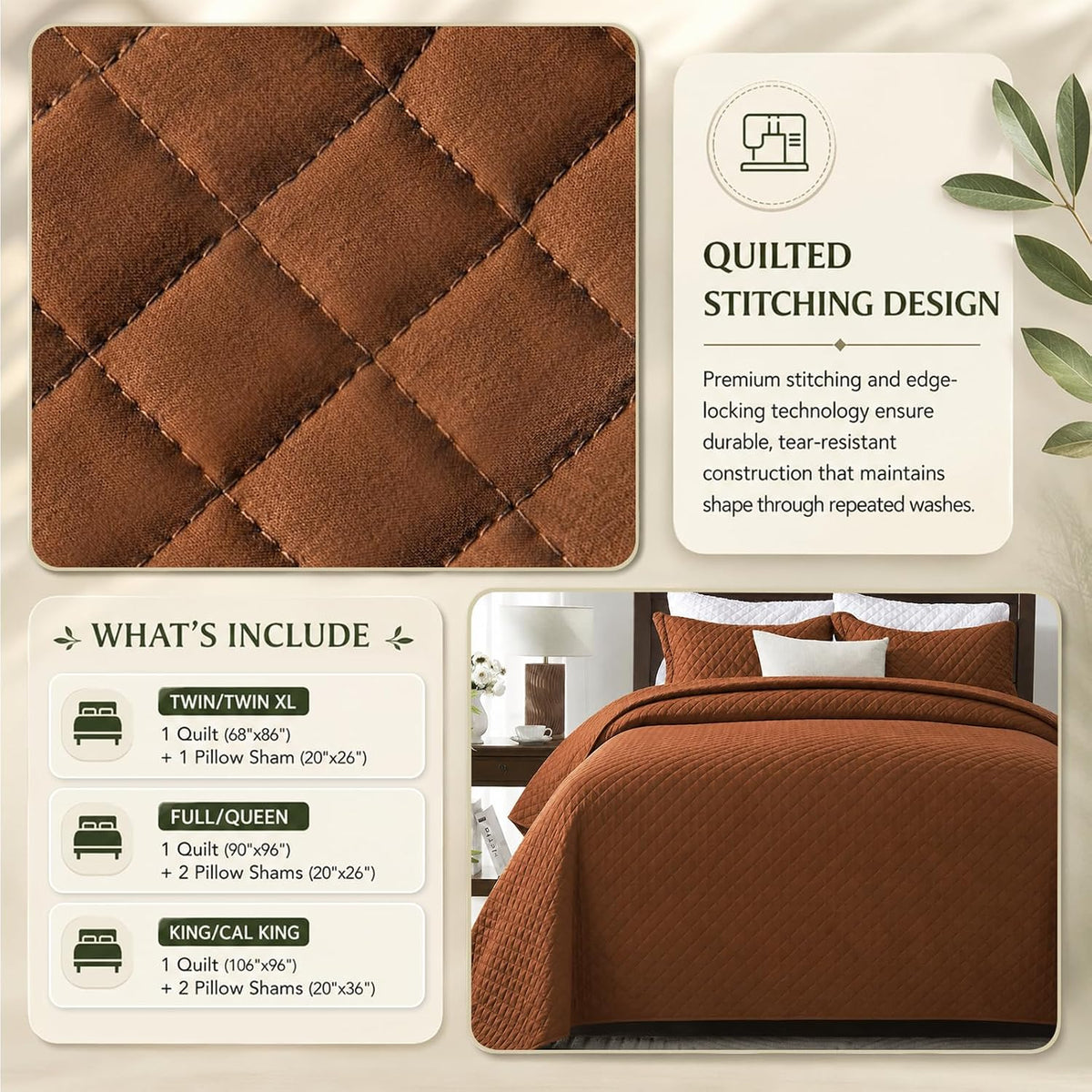 Twin Quilt Set, Lightweight Bedding Bedspreads,Brunt Orange