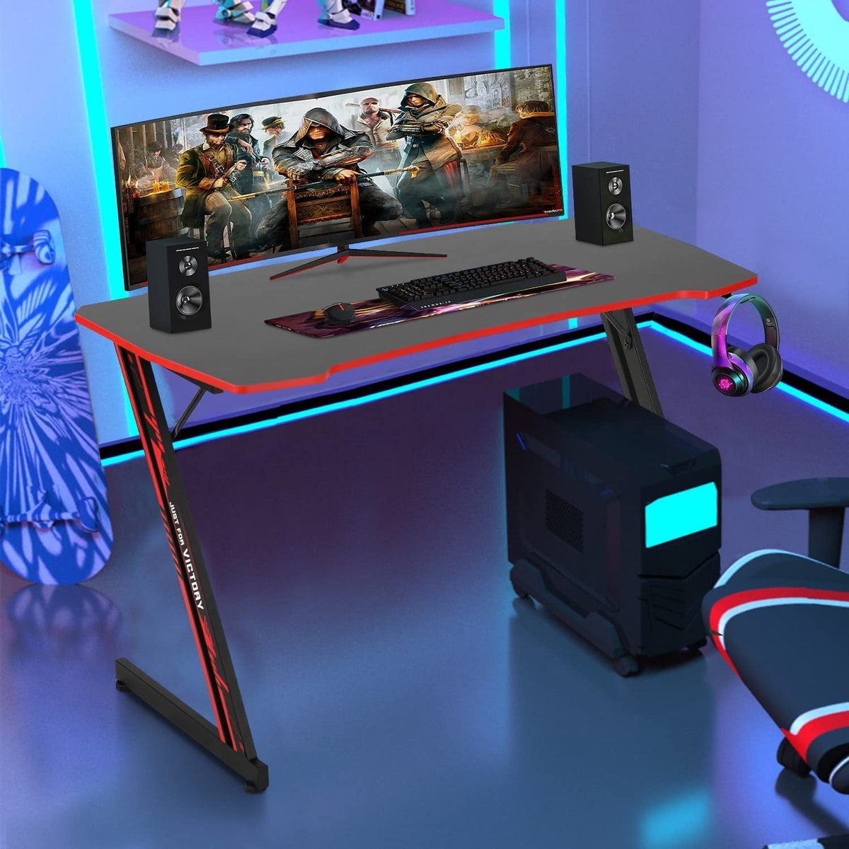 47 Inch Gaming Desk Z-Shaped Computer Desk Home Office Desk with Headphone Hook, Red