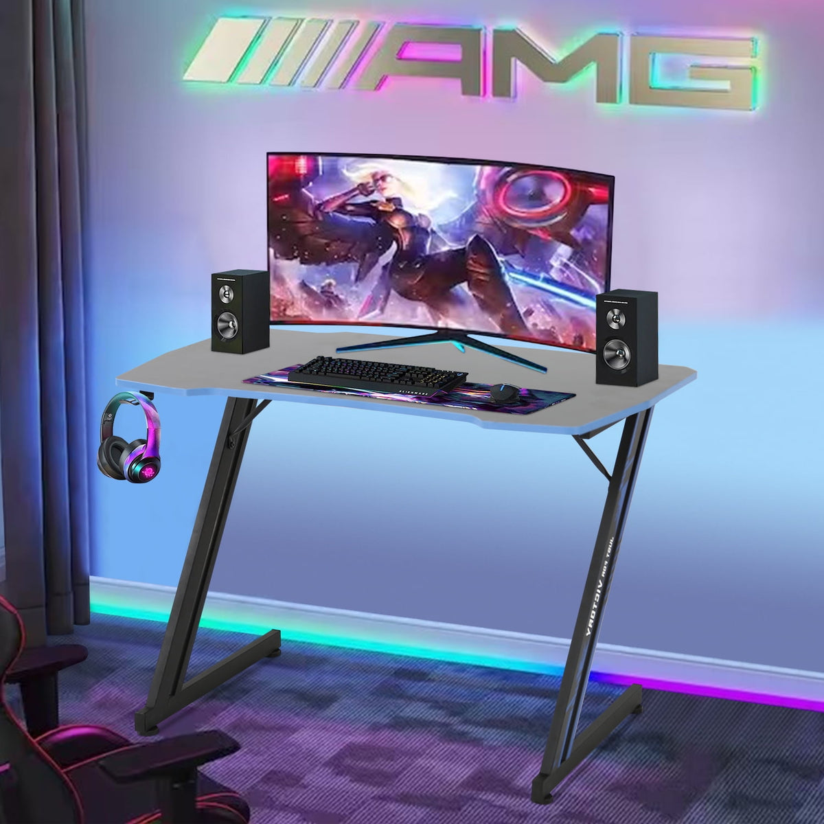 47 Inch Z-Shaped Gaming Desk, PC Computer Table Home Office Desk Ergonomic Gamer Workstation with Headphone Hook, Blue