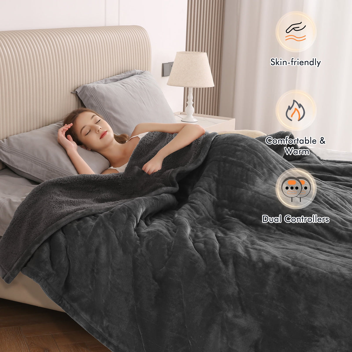 Heated Blanket Queen Size 84''X90'', Fast Heating with Dual Controllers Electric Blanket, 10 Heating Levels, 10H Timer, Preheat Function - Gray