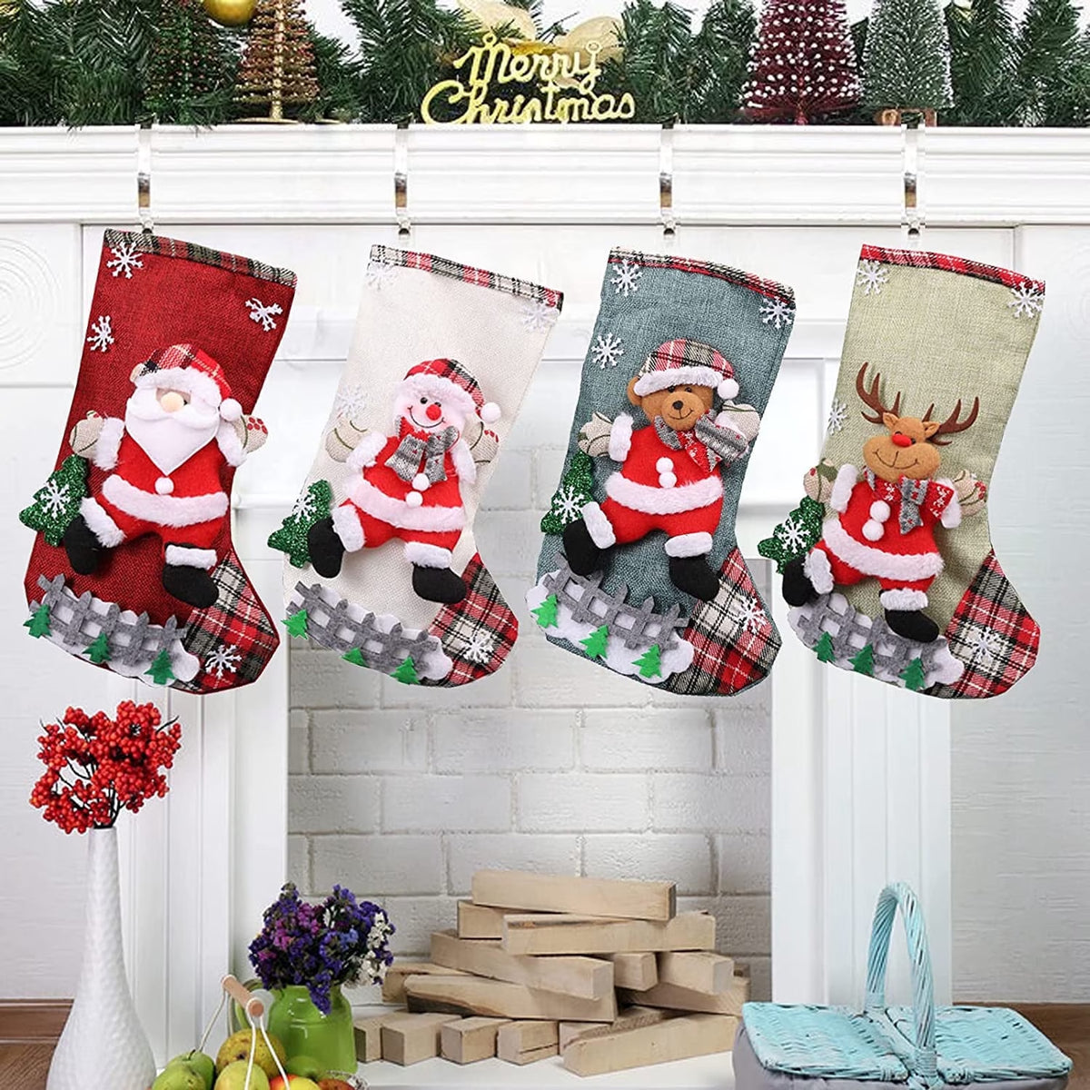 Christmas Stockings 4 Pcs - 18" Large Xmas Stockings - Santa Snowman Reindeer Penguin for Christmas - Decorations Home Party Supplies & Kids Gifts