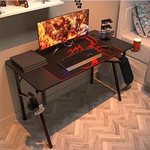 Gaming Desk 47 Inch, K Shaped Home Office PC Computer Desk Table for Gamer with Cable Management, Game Controller Stand, Cup Holder, Headphone Hook, Free Mouse Pad, Carbon Fiber Black