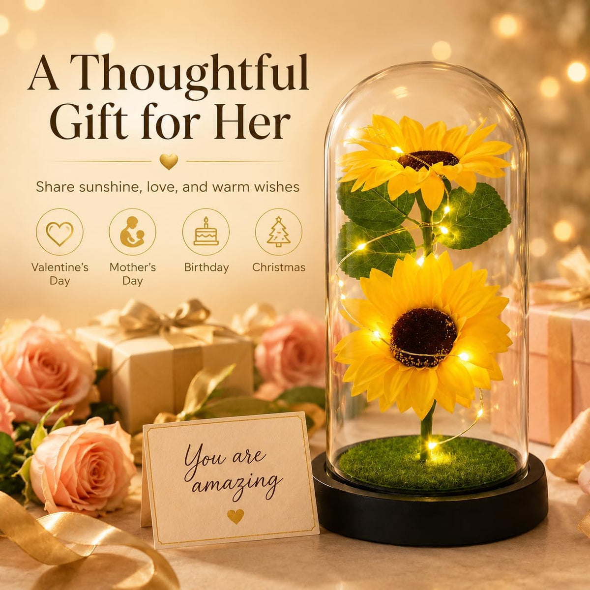 Sunflower Gifts for Women,Sunflower Lamp,Preserved Sunflower in Glass Dome
