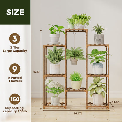 Wood Plant Stand 8 Pots Tiered Plant Shelf Indoor Outdoor Ladder Plant Rack with Hanging Design for Living Room Patio Balcony Garden