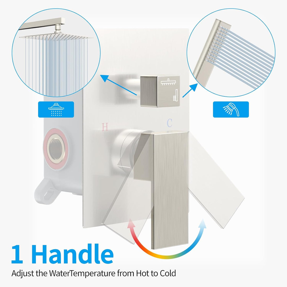 Rain Shower System Sets Faucet:  10 Inch Overhead Rainhead Shower Combo Set with Handheld and Valve-Luxury Modern Mixer Rainfall Brushed Nickel Shower Faucets Sets Complete