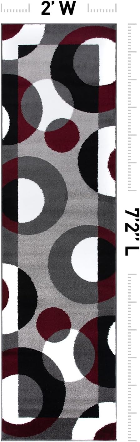 Circles Modern Soft Living Room Runner Rug Burgundy 2' X 7'2"