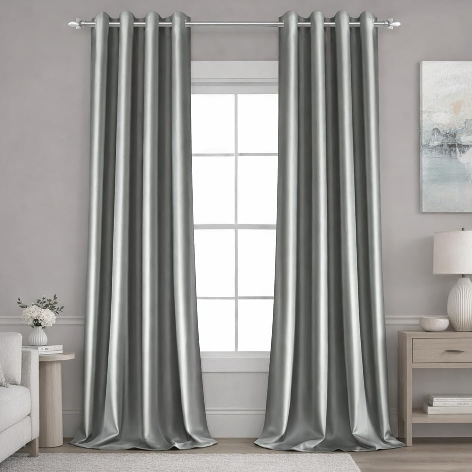 Faux Silk Silver Grey Blackout Curtains 52W X 96L 2 Panels