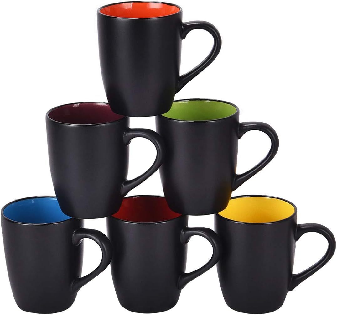 Set of 6 Modern Black Ceramic Coffee Mugs, 16 Ounce Capacity, Perfect for Home Use