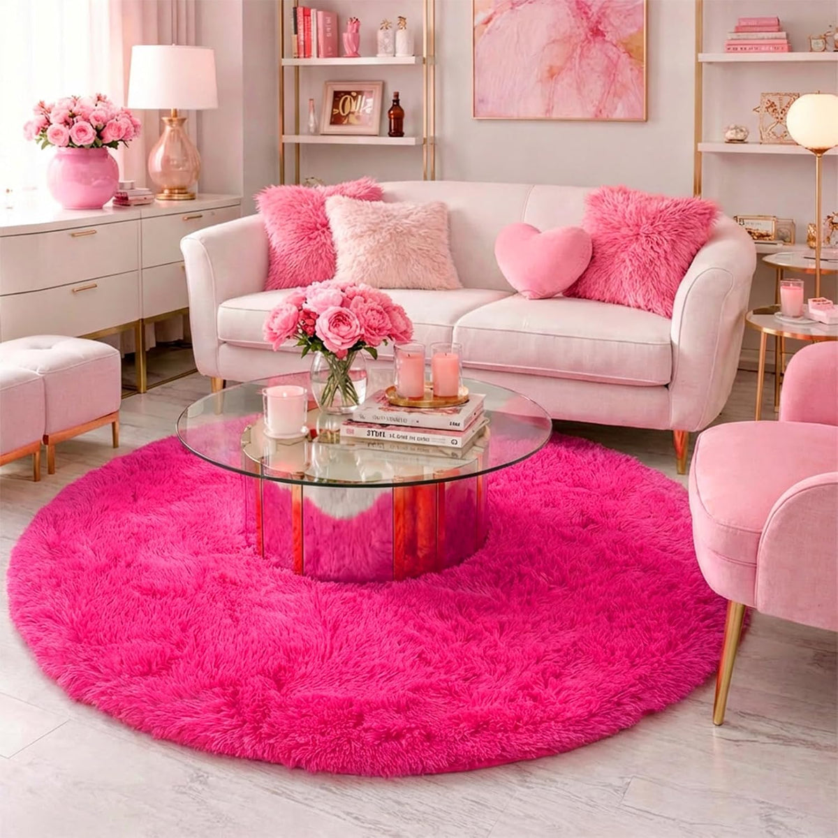 Hot Pink Fluffy round Rug 4Ft for Girls Bedroom Kids Room Nursery
