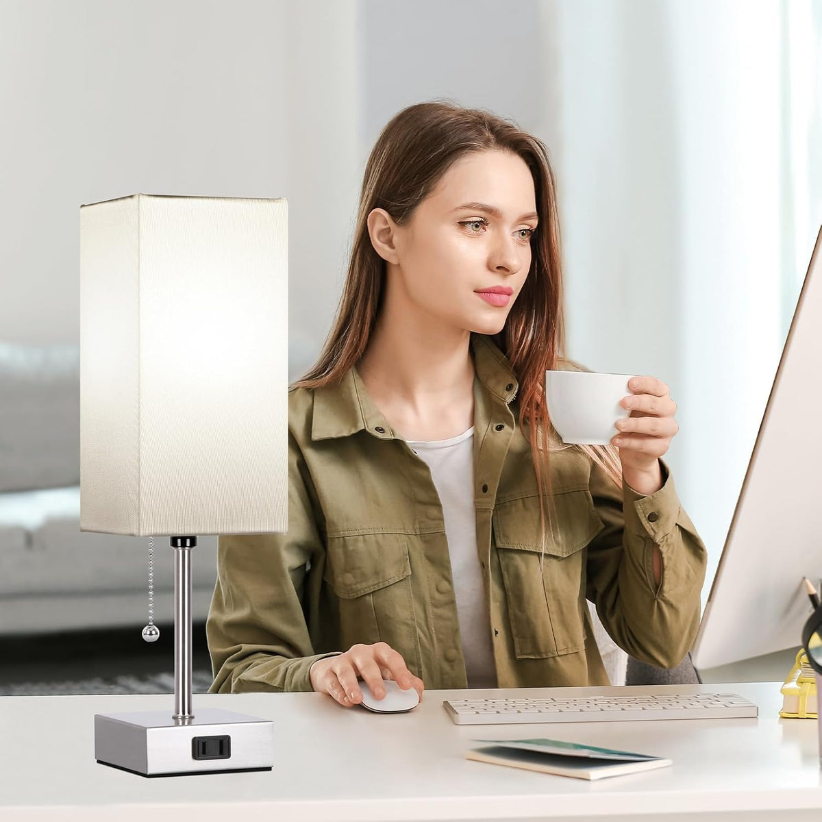 Touch Control Bedside Lamp, 3 Way Dimmable Nightstand Lamp with 2 USB Ports & AC Outlet, Modern Style, White Fabric Shade
