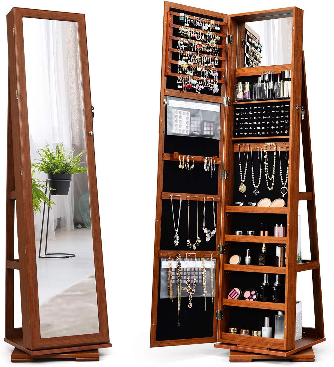 Swivel Jewelry Armoire with Full Length Mirror, Walnut