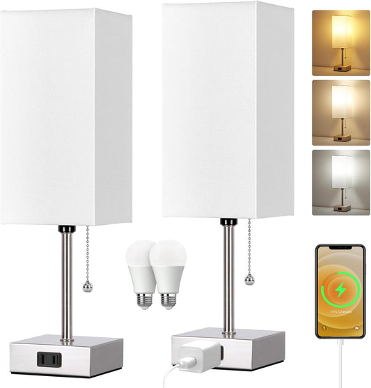 Touch Control Bedside Lamp, 3 Way Dimmable Nightstand Lamp with 2 USB Ports & AC Outlet, Modern Style, White Fabric Shade