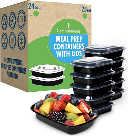 Meal Prep Container Reusable with Lids [25 Set] 24Oz. Ideal-Food Prep Containers, Food Storage Bento Box, Portion Control | Stackable | Microwave | Dishwasher | Freezer Safe