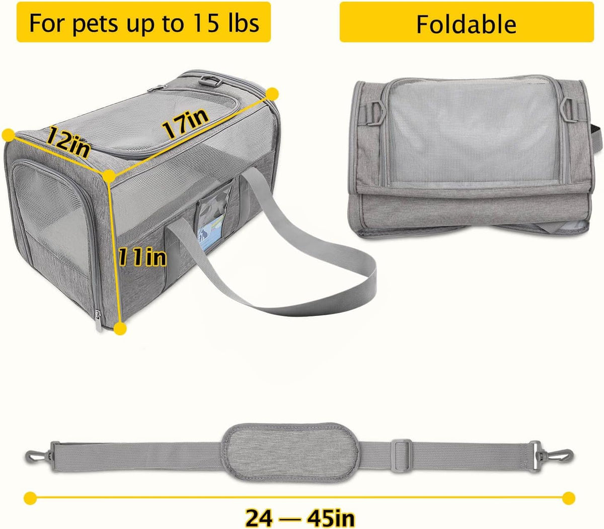 Cat Carrier,Dog Carriers for Small Dogs Medium Cats Pet Carrier up to 15 Lbs, TSA Airline Approved Cat Carrier Soft, Cat Dog Crate Travel Bag,Grey