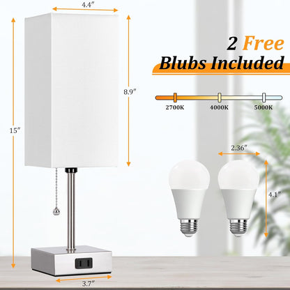 Touch Control Bedside Lamp, 3 Way Dimmable Nightstand Lamp with 2 USB Ports & AC Outlet, Modern Style, White Fabric Shade