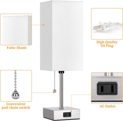 Touch Control Bedside Lamp, 3 Way Dimmable Nightstand Lamp with 2 USB Ports & AC Outlet, Modern Style, White Fabric Shade