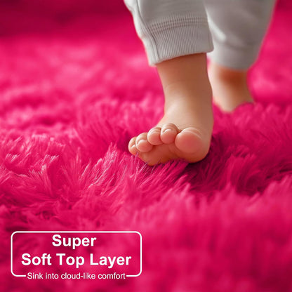 Hot Pink Fluffy round Rug 4Ft for Girls Bedroom Kids Room Nursery