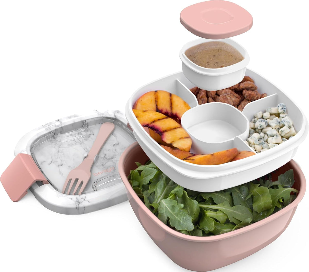 Salad Container, Lunch Bowl with 4-Compartment Toppings Tray, 54 Oz