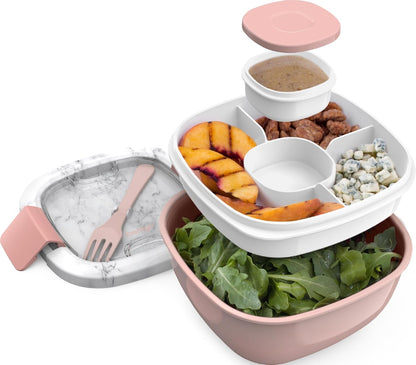 Salad Container, Lunch Bowl with 4-Compartment Toppings Tray, 54 Oz
