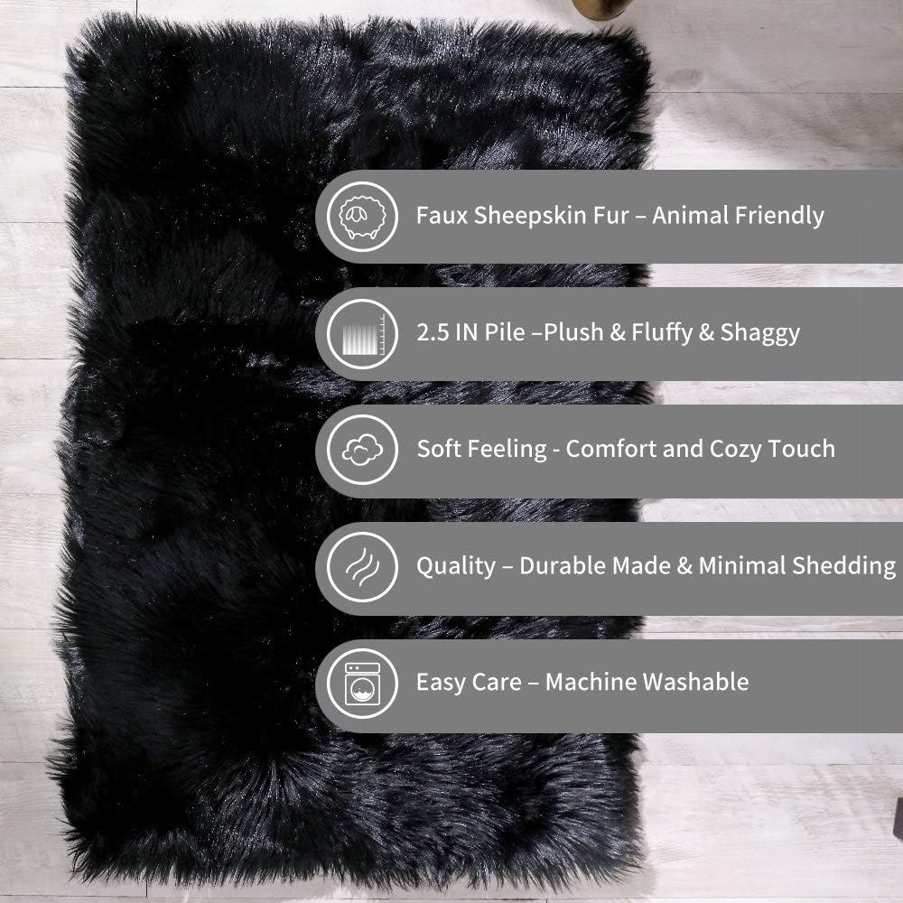 2X3 Faux Fur Rug - Black Faux Sheepskin Shaggy Small Carpet Plush Chair Cover, Soft Suede Backing Machine Washable Floor Mat for Bedroom