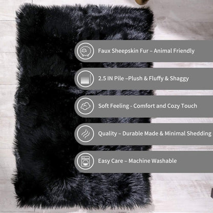 2X3 Faux Fur Rug - Black Faux Sheepskin Shaggy Small Carpet Plush Chair Cover, Soft Suede Backing Machine Washable Floor Mat for Bedroom