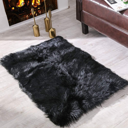 2X3 Faux Fur Rug - Black Faux Sheepskin Shaggy Small Carpet Plush Chair Cover, Soft Suede Backing Machine Washable Floor Mat for Bedroom