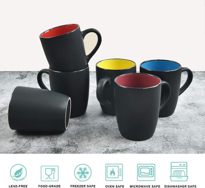Set of 6 Modern Black Ceramic Coffee Mugs, 16 Ounce Capacity, Perfect for Home Use