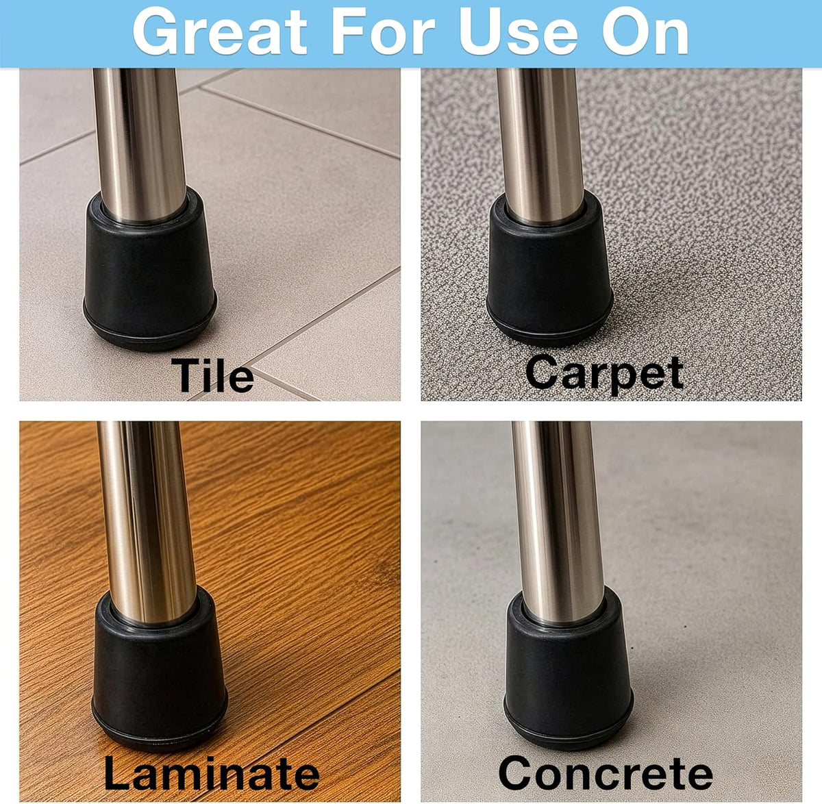 1/2" round Non-Marking Rubber Slip-On Chair Leg Tips, Nonslip Protective Furniture Leg Caps for Chairs, Stools, and Tables on Hard Surfaces, Set of 4, Black