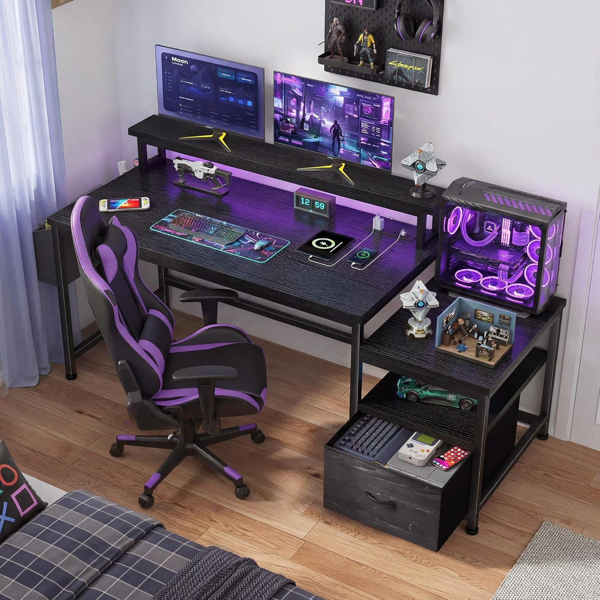 56.5" Office Desk with Drawers & Printer Space for Home Work,Black