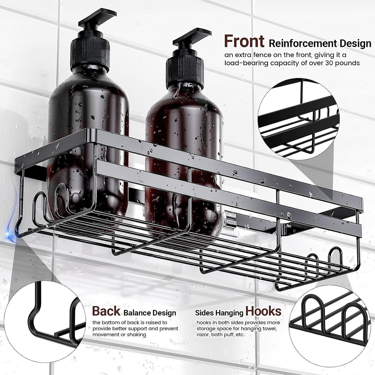 2 Pack Adhesive Shower Caddies, No Drill Bathroom Shelves, Large