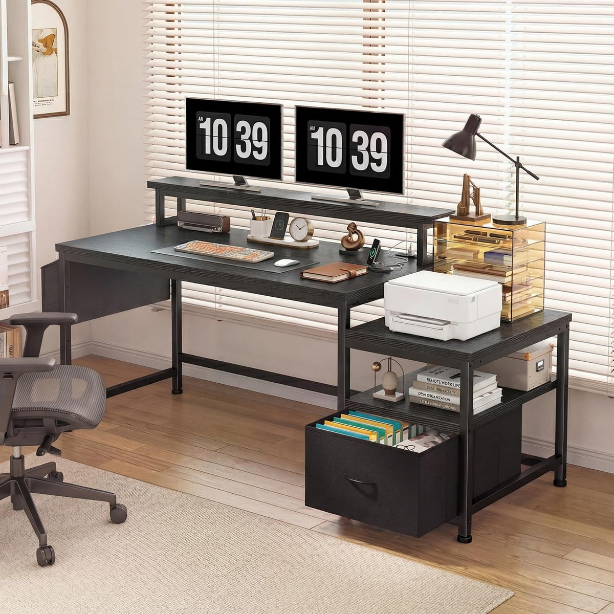 56.5" Office Desk with Drawers & Printer Space for Home Work,Black