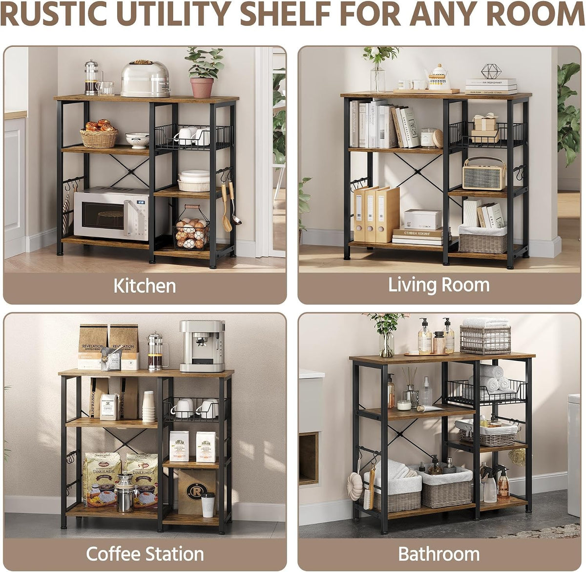 4-Tier Bakers Rack,Microwave Stand for Coffee Bar,Rustic Brown