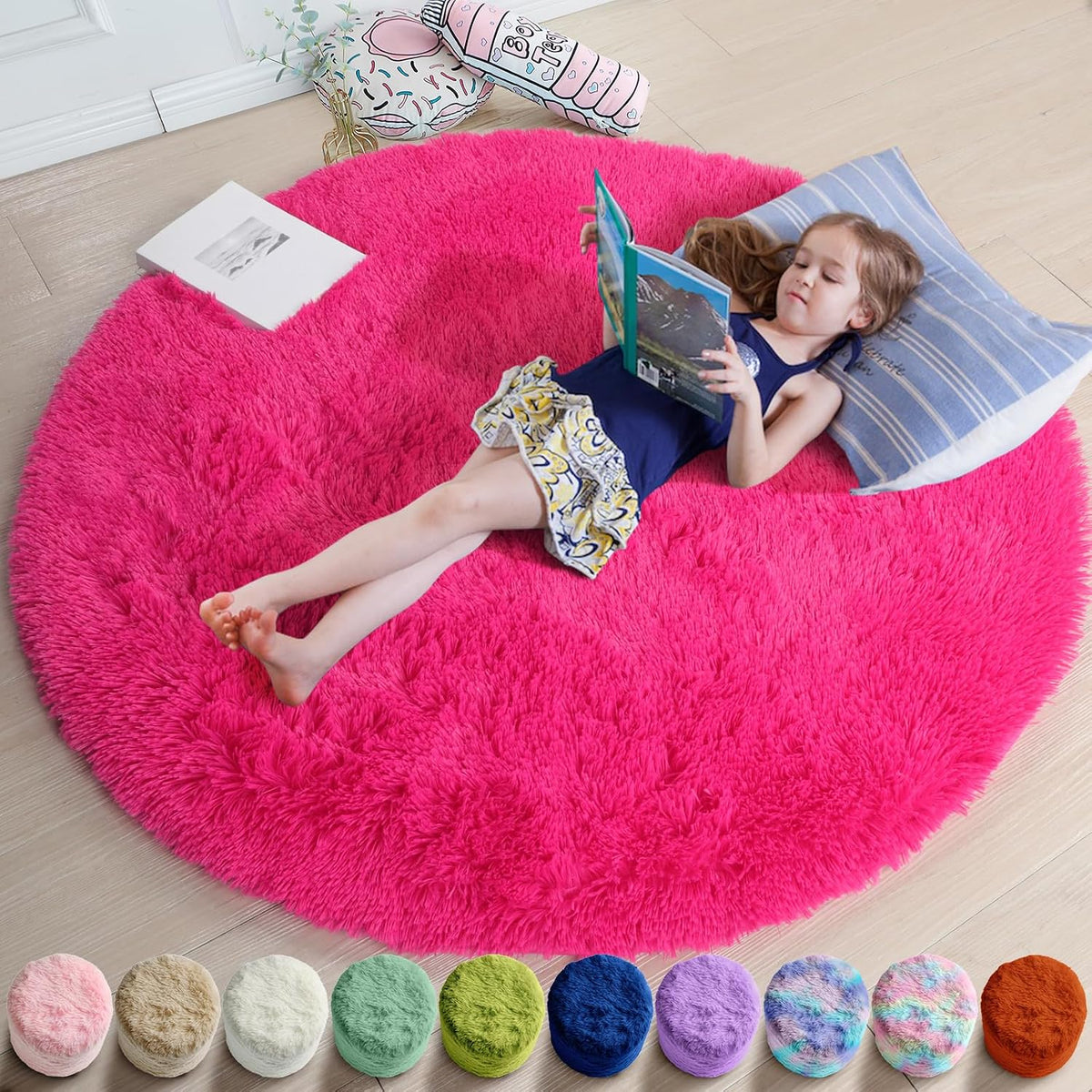 Hot Pink Fluffy round Rug 4Ft for Girls Bedroom Kids Room Nursery