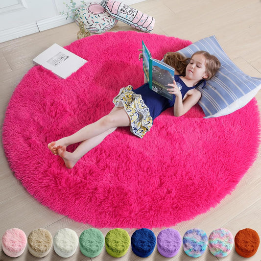Hot Pink Fluffy round Rug 4Ft for Girls Bedroom Kids Room Nursery