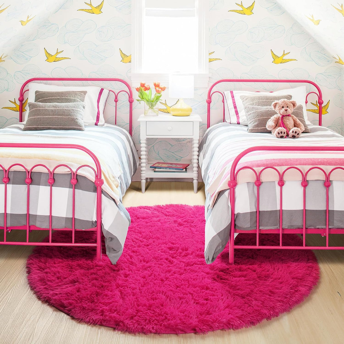Hot Pink Fluffy round Rug 4Ft for Girls Bedroom Kids Room Nursery