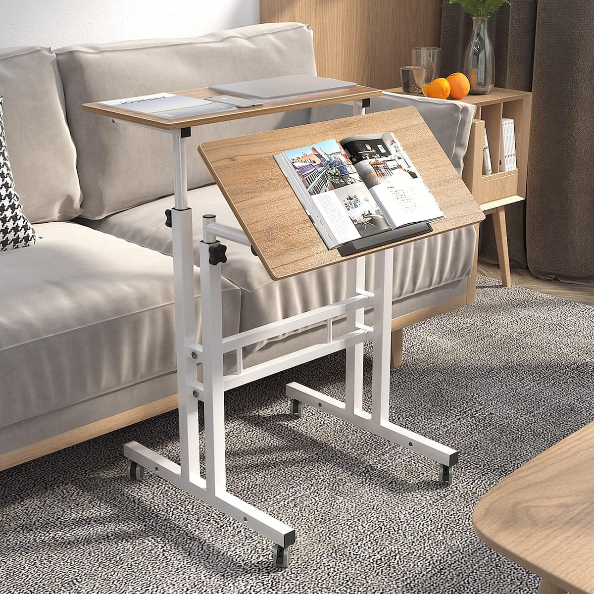 23.6IN Rolling Standing Desk with Wheels Adjustable Height, Oak