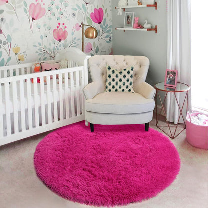 Hot Pink Fluffy round Rug 4Ft for Girls Bedroom Kids Room Nursery
