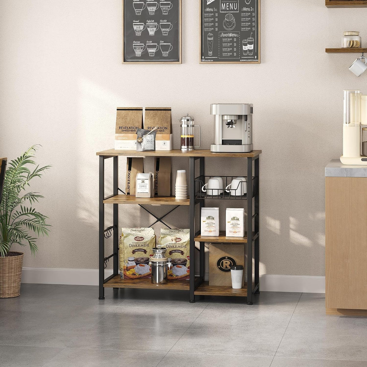 4-Tier Bakers Rack,Microwave Stand for Coffee Bar,Rustic Brown