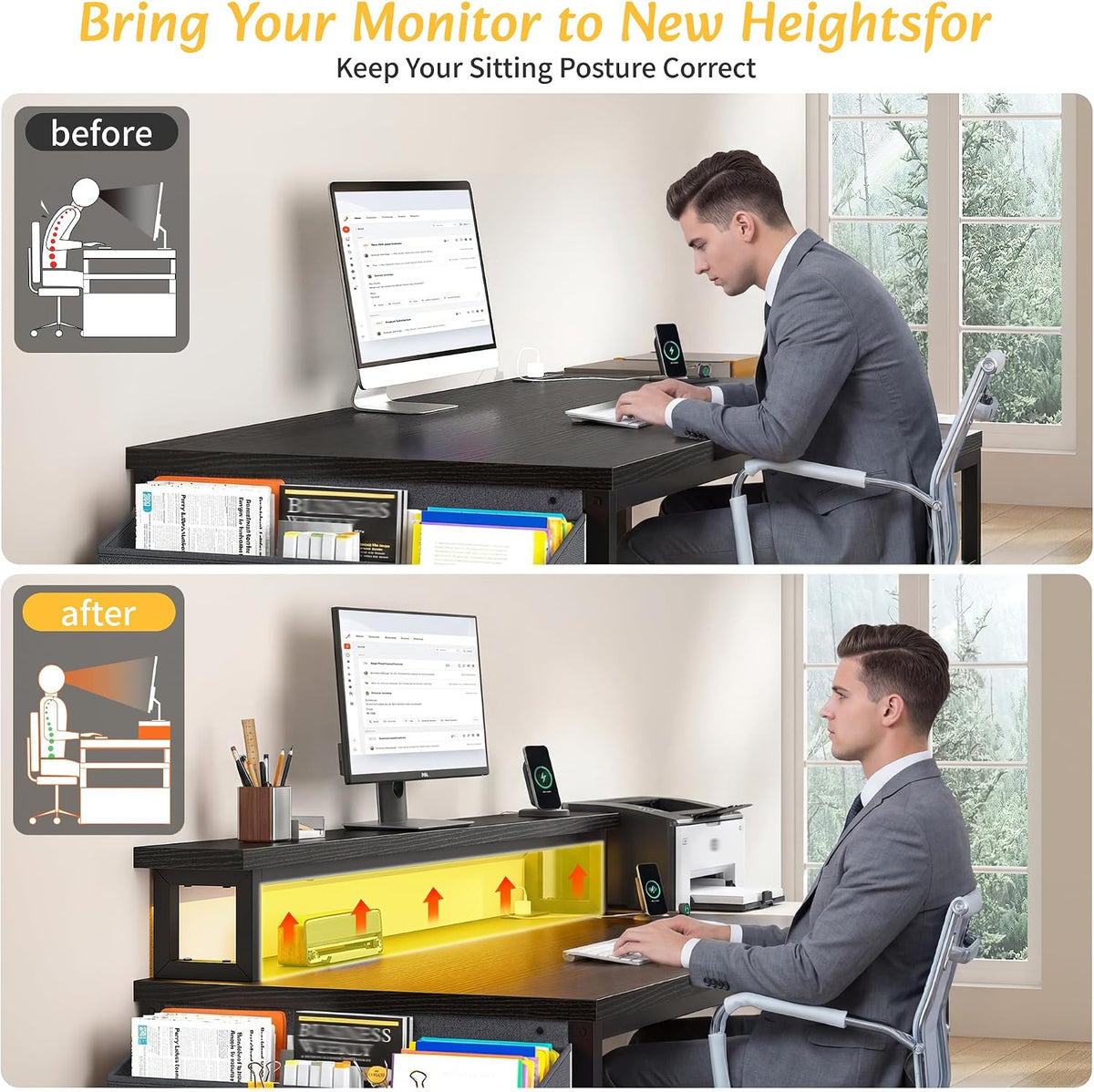 56.5" Office Desk with Drawers & Printer Space for Home Work,Black