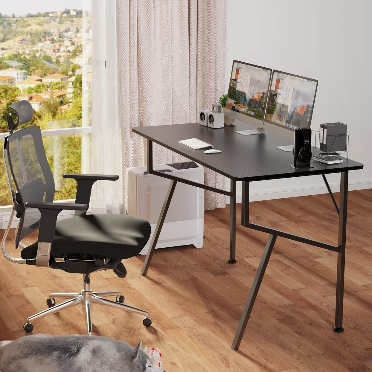 Gaming Desk 47 Inch, K Shaped Home Office PC Computer Desk Table for Gamer with Cable Management, Game Controller Stand, Cup Holder, Headphone Hook, Free Mouse Pad, Carbon Fiber Black