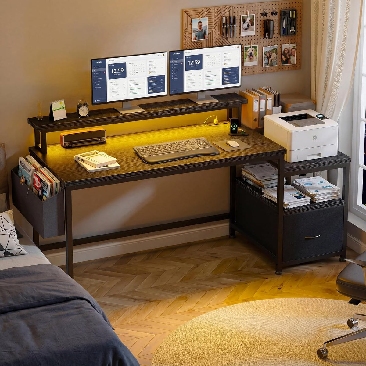 56.5" Office Desk with Drawers & Printer Space for Home Work,Black