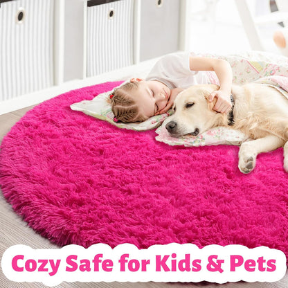 Hot Pink Fluffy round Rug 4Ft for Girls Bedroom Kids Room Nursery