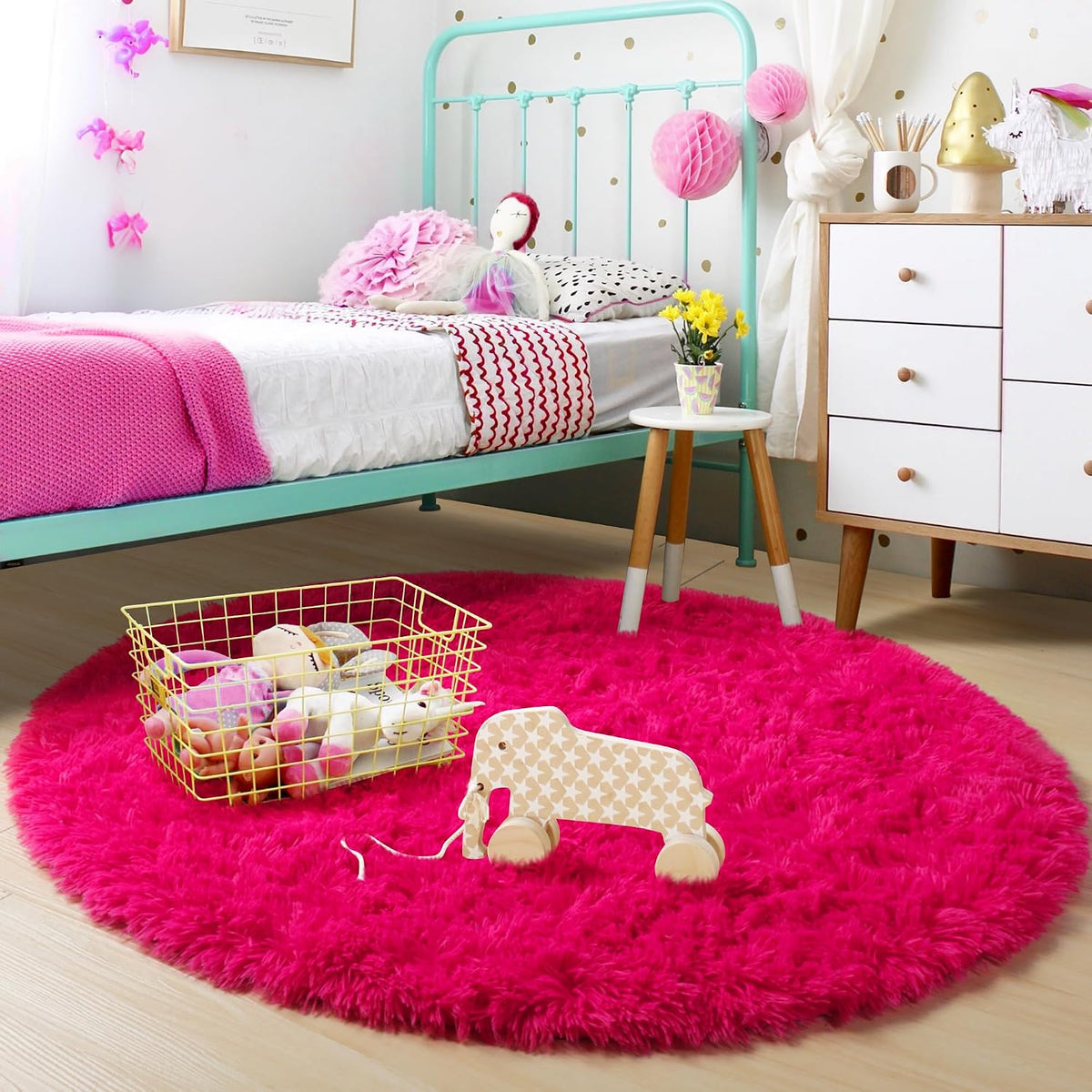 Hot Pink Fluffy round Rug 4Ft for Girls Bedroom Kids Room Nursery
