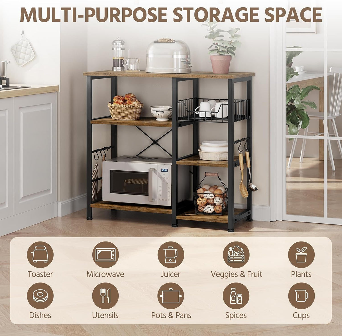 4-Tier Bakers Rack,Microwave Stand for Coffee Bar,Rustic Brown