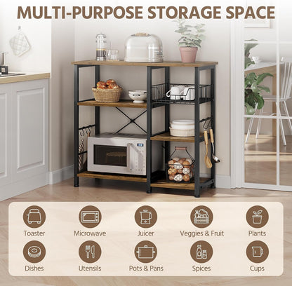 4-Tier Bakers Rack,Microwave Stand for Coffee Bar,Rustic Brown