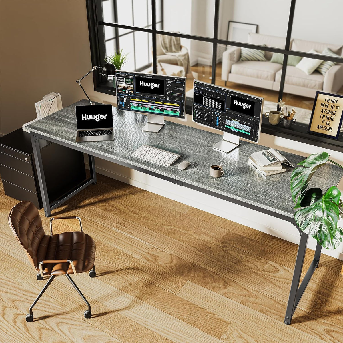Computer Desk, 80 Inch Office Desk, Gaming Desk with Storage, Writing Desk Work Desk for Home Office, Study, Long Simple Desk, Large Legroom, Metal Frame, Grey