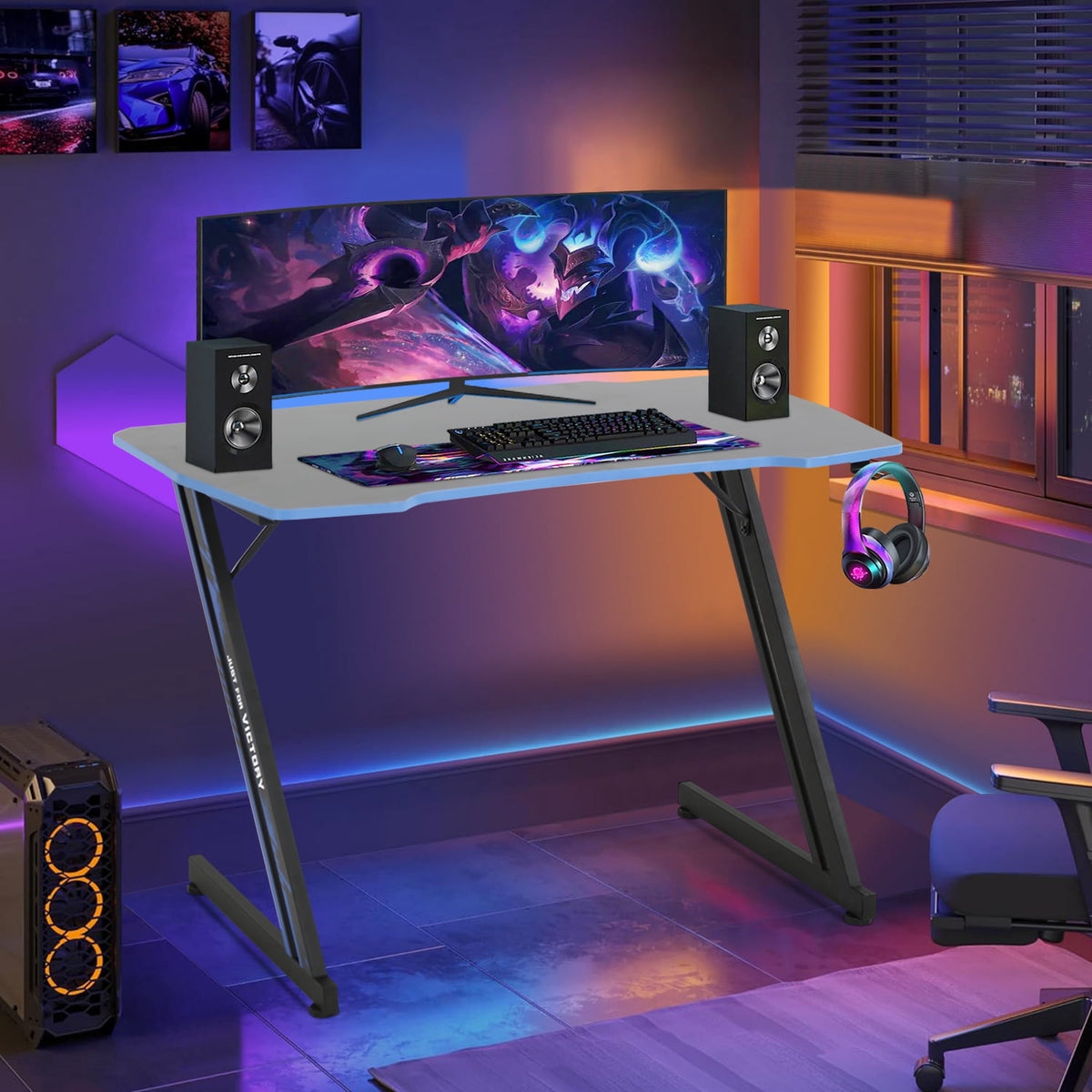 47 Inch Z-Shaped Gaming Desk, PC Computer Table Home Office Desk Ergonomic Gamer Workstation with Headphone Hook, Blue