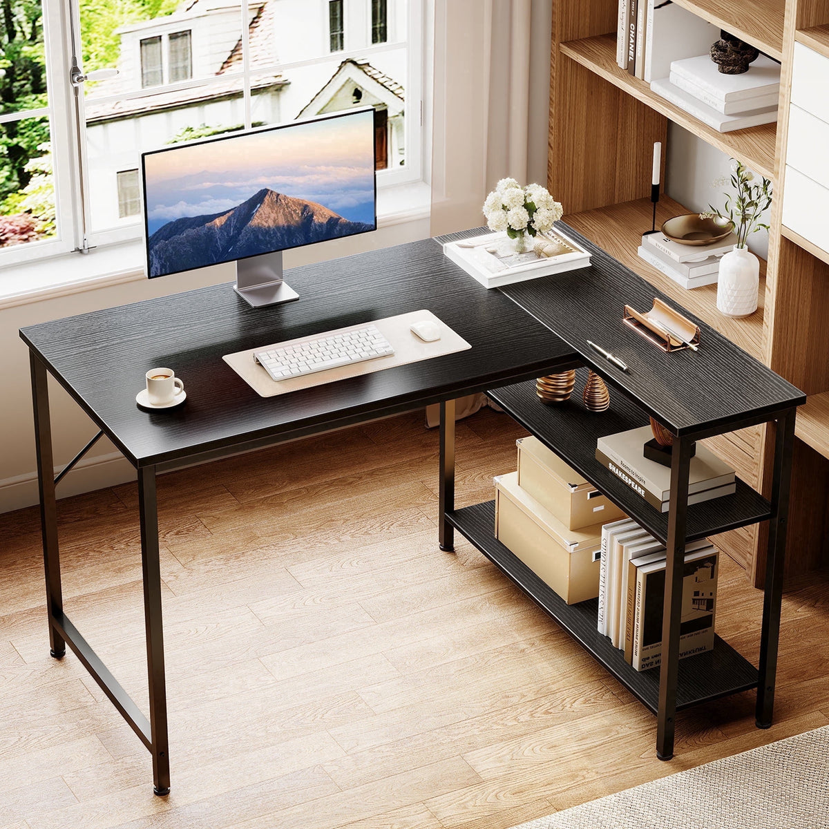 Small L Shaped Desk 40 Inch, Computer Desk with Shelves, Corner Desk, Reversible Office Desk, Black