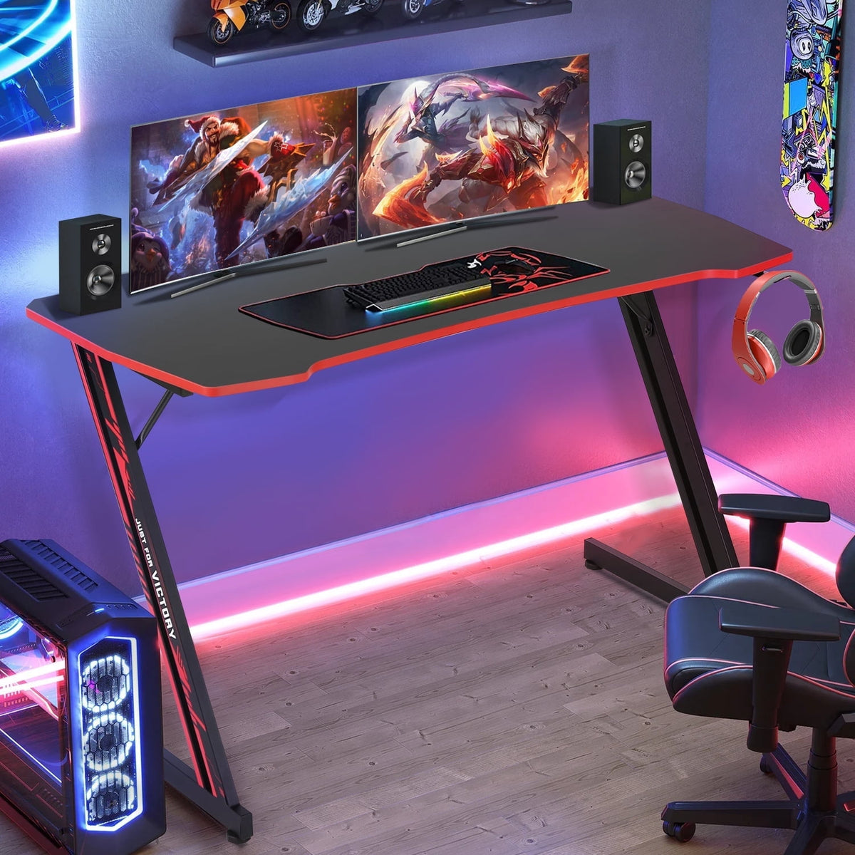 47 Inch Gaming Desk Z-Shaped Computer Desk Home Office Desk with Headphone Hook, Red